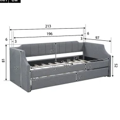 Redom Lit 90x200 cm avec lit gigogne roulant, tapissé lin gris, dossier et accoudoirs arrondis design contemporain