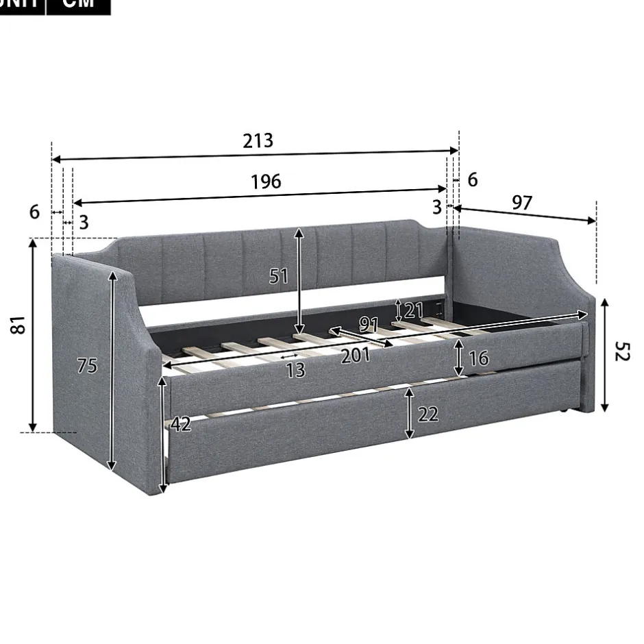 Redom Lit 90x200 cm avec lit gigogne roulant, tapissé lin gris, dossier et accoudoirs arrondis design contemporain