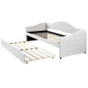 Redom Lit 90x200 cm avec lit gigogne, revêtement lin beige, structure MDF, design minimaliste, idéal petits espaces
