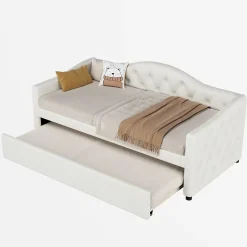 Redom Lit 90x200 cm avec lit gigogne, revêtement lin beige, structure MDF, design minimaliste, idéal petits espaces