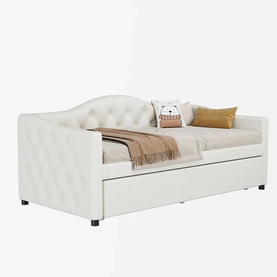 Redom Lit 90x200 cm avec lit gigogne, revêtement lin beige, structure MDF, design minimaliste, idéal petits espaces