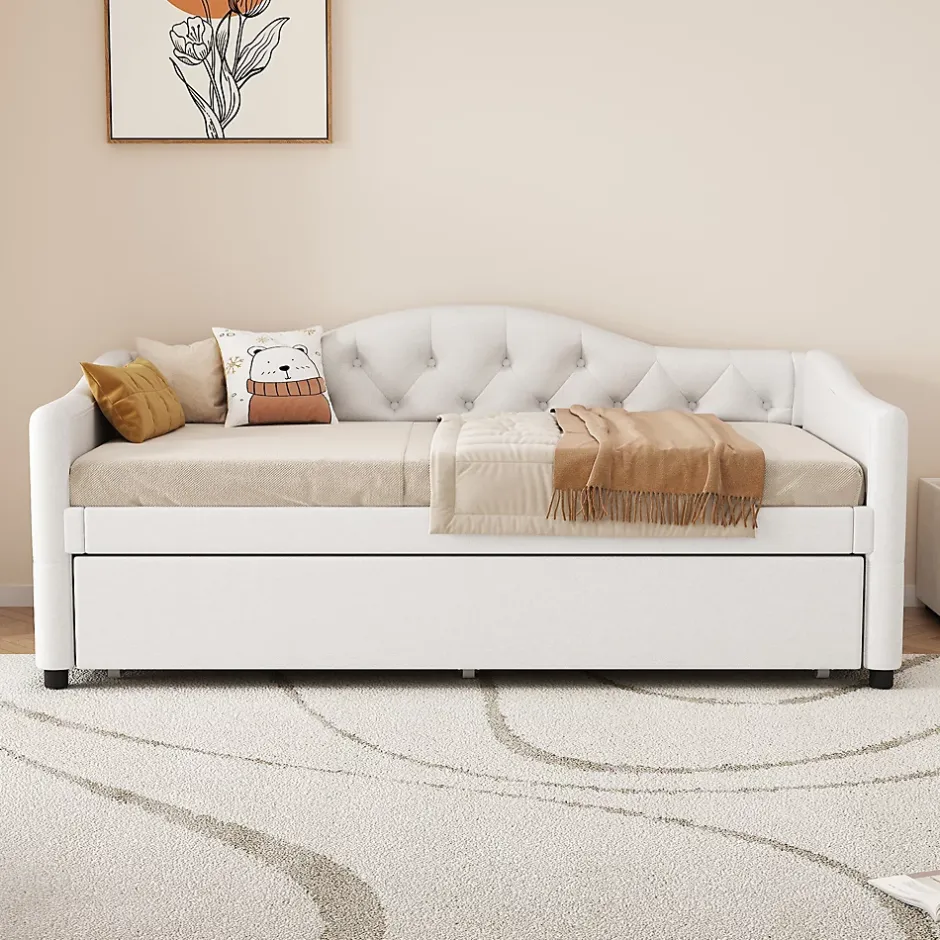 Redom Lit 90x200 cm avec lit gigogne, revêtement lin beige, structure MDF, design minimaliste, idéal petits espaces