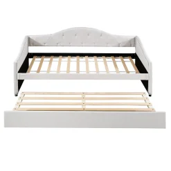 Redom Lit 90x200 cm avec lit gigogne, revêtement lin beige, structure MDF, design minimaliste, idéal petits espaces