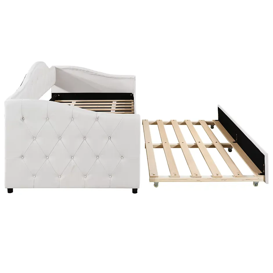Redom Lit 90x200 cm avec lit gigogne, revêtement lin beige, structure MDF, design minimaliste, idéal petits espaces