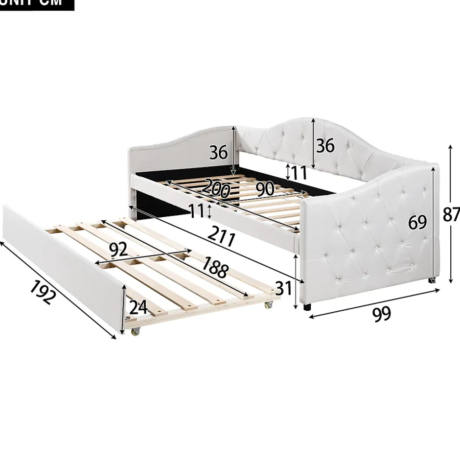 Redom Lit 90x200 cm avec lit gigogne, revêtement lin beige, structure MDF, design minimaliste, idéal petits espaces