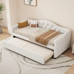 Redom Lit 90x200 cm avec lit gigogne, revêtement lin beige, structure MDF, design minimaliste, idéal petits espaces