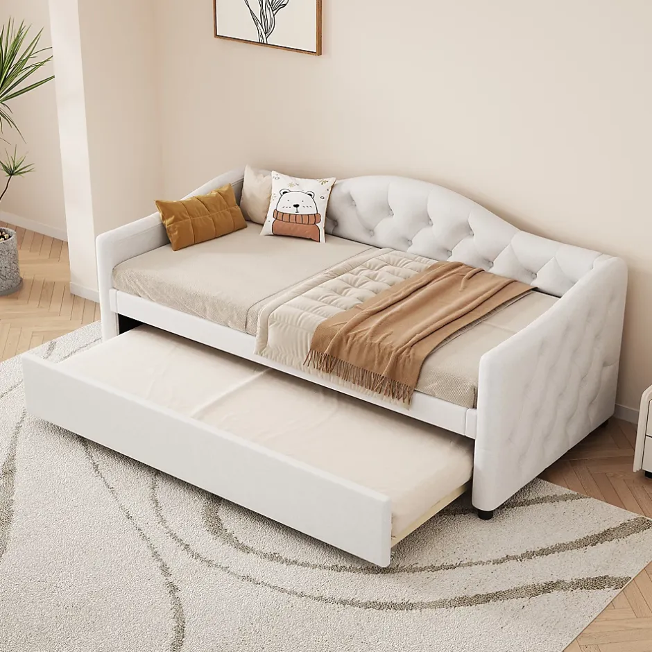 Redom Lit 90x200 cm avec lit gigogne, revêtement lin beige, structure MDF, design minimaliste, idéal petits espaces