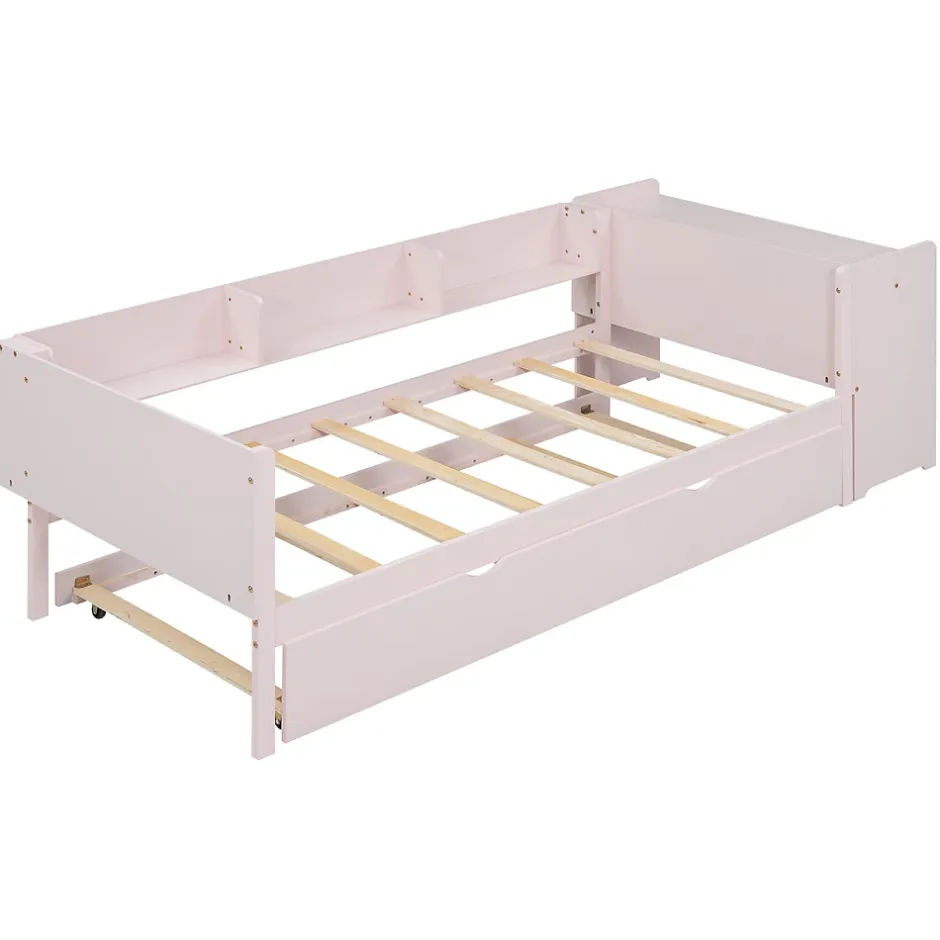 Redom Lit 90x200 cm avec lit gigogne et bureau intégré, 3 étagères latérales, pin massif et MDF, design moderne rose Hot