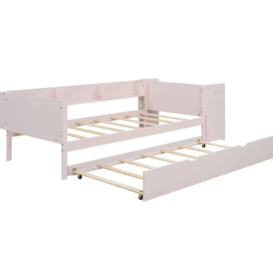 Redom Lit 90x200 cm avec lit gigogne et bureau intégré, 3 étagères latérales, pin massif et MDF, design moderne rose Hot