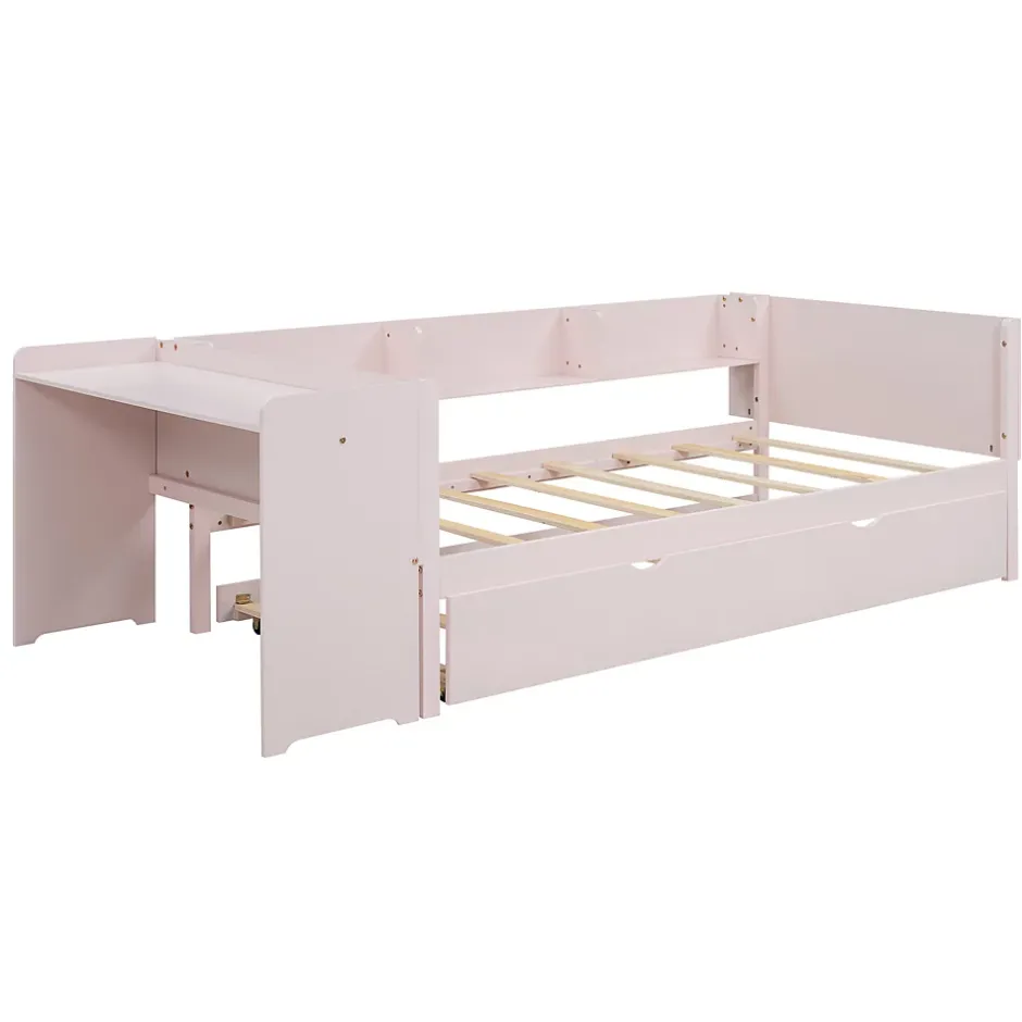Redom Lit 90x200 cm avec lit gigogne et bureau intégré, 3 étagères latérales, pin massif et MDF, design moderne rose Hot
