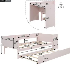 Redom Lit 90x200 cm avec lit gigogne et bureau intégré, 3 étagères latérales, pin massif et MDF, design moderne rose Hot