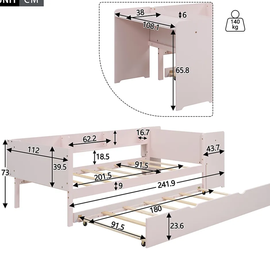 Redom Lit 90x200 cm avec lit gigogne et bureau intégré, 3 étagères latérales, pin massif et MDF, design moderne rose Hot