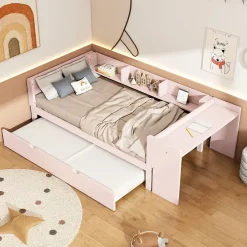 Redom Lit 90x200 cm avec lit gigogne et bureau intégré, 3 étagères latérales, pin massif et MDF, design moderne rose Hot