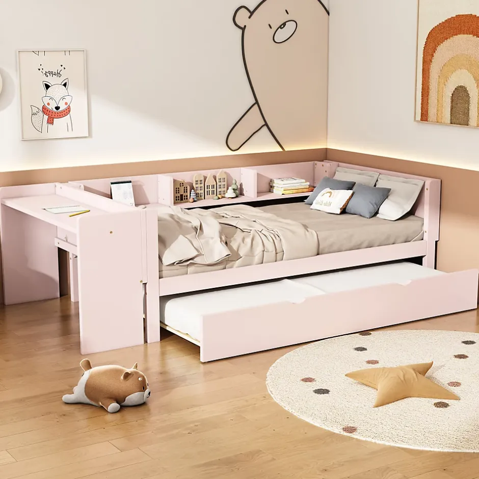 Redom Lit 90x200 cm avec lit gigogne et bureau intégré, 3 étagères latérales, pin massif et MDF, design moderne rose Hot