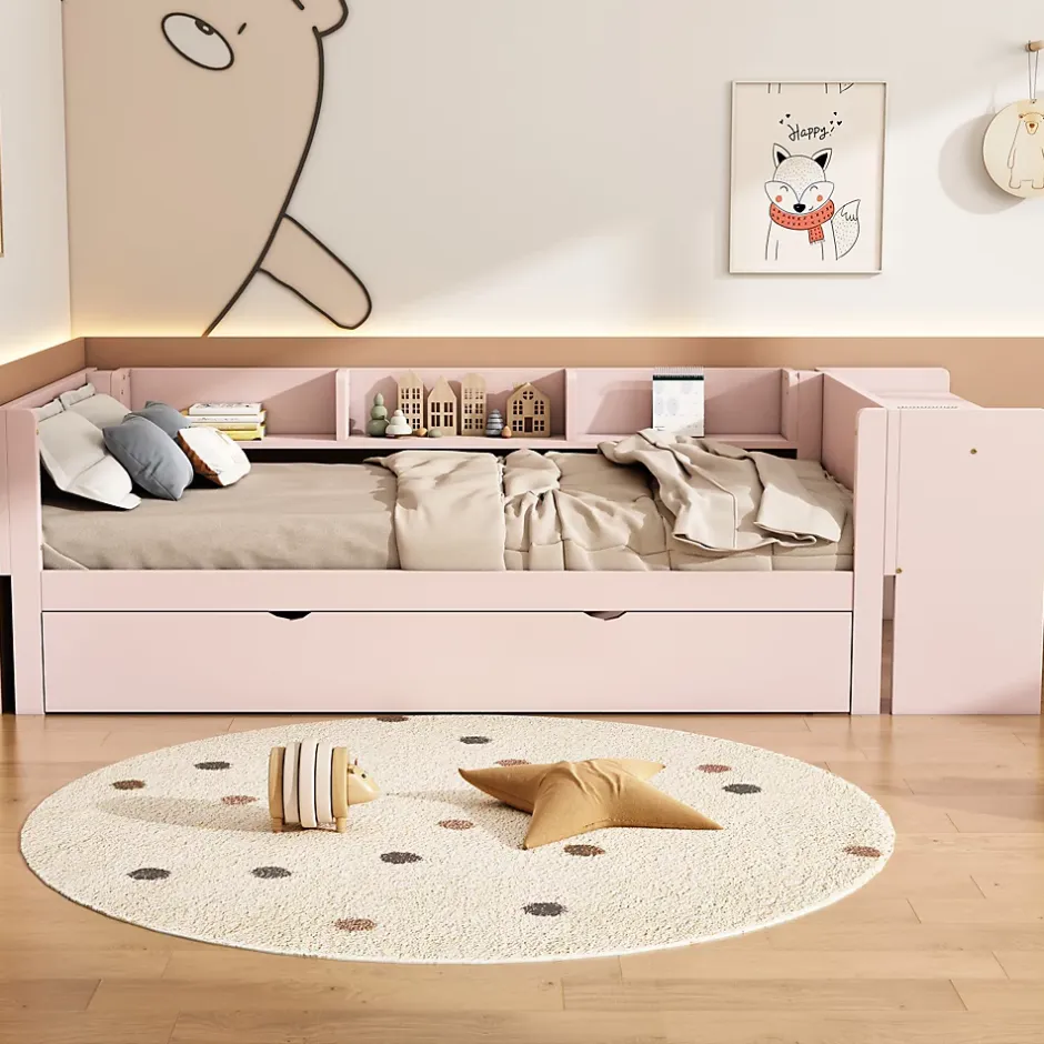 Redom Lit 90x200 cm avec lit gigogne et bureau intégré, 3 étagères latérales, pin massif et MDF, design moderne rose Hot