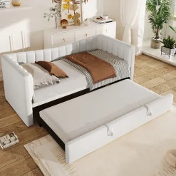 Redom Lit 90x200 cm avec lit gigogne réglable, revêtement velours blanc, style minimaliste et structure MDF