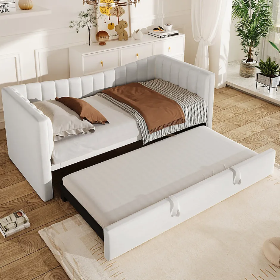 Redom Lit 90x200 cm avec lit gigogne réglable, revêtement velours blanc, style minimaliste et structure MDF