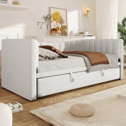 Redom Lit 90x200 cm avec lit gigogne réglable, revêtement velours blanc, style minimaliste et structure MDF