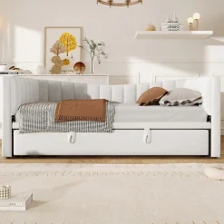 Redom Lit 90x200 cm avec lit gigogne réglable, revêtement velours blanc, style minimaliste et structure MDF