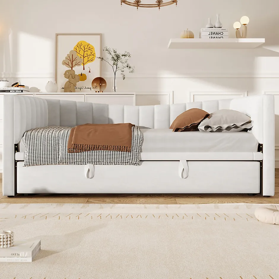 Redom Lit 90x200 cm avec lit gigogne réglable, revêtement velours blanc, style minimaliste et structure MDF