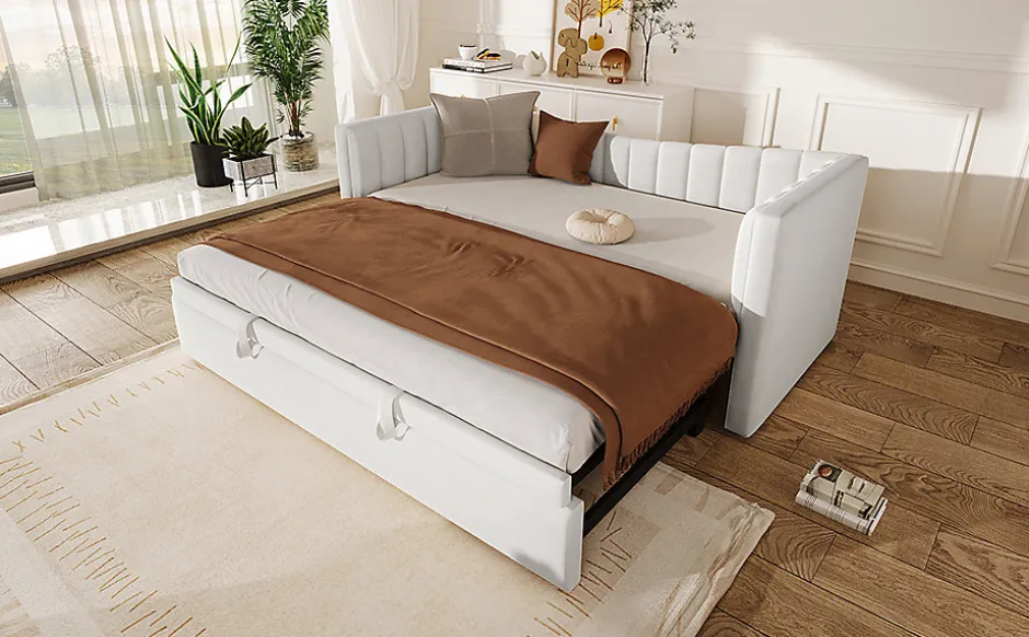 Redom Lit 90x200 cm avec lit gigogne réglable, revêtement velours blanc, style minimaliste et structure MDF
