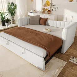 Redom Lit 90x200 cm avec lit gigogne réglable, revêtement velours blanc, style minimaliste et structure MDF