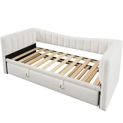 Redom Lit 90x200 cm avec lit gigogne réglable, revêtement velours blanc, style minimaliste et structure MDF