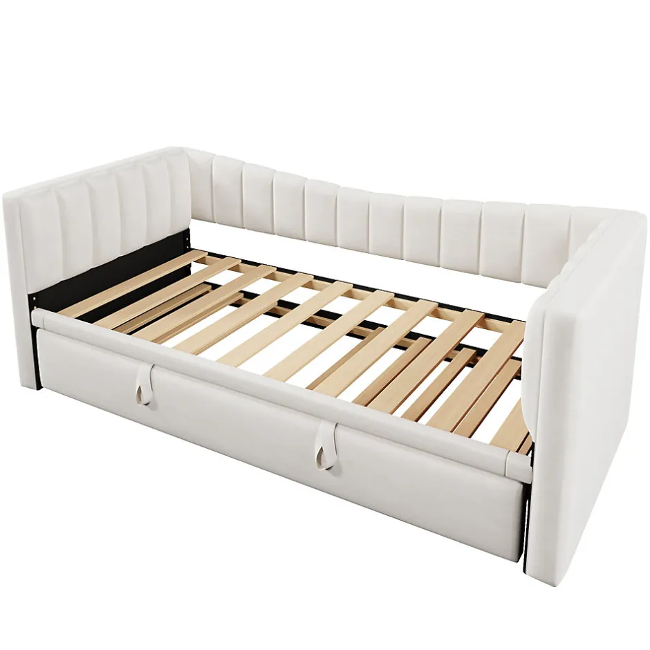 Redom Lit 90x200 cm avec lit gigogne réglable, revêtement velours blanc, style minimaliste et structure MDF