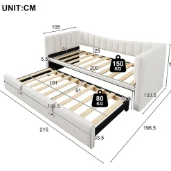 Redom Lit 90x200 cm avec lit gigogne réglable, revêtement velours blanc, style minimaliste et structure MDF