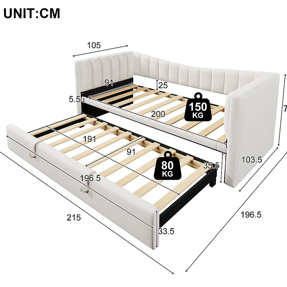 Redom Lit 90x200 cm avec lit gigogne réglable, revêtement velours blanc, style minimaliste et structure MDF