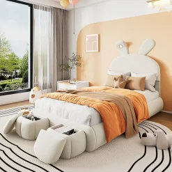 Redom Lit 90x200 cm avec oreilles de lapin et éclairage Led réglable, revêtement velours beige, 2 poufs de rangement Outlet