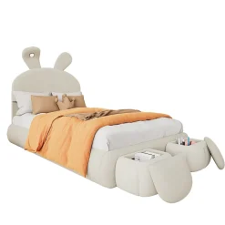 Redom Lit 90x200 cm avec oreilles de lapin et éclairage Led réglable, revêtement velours beige, 2 poufs de rangement Outlet