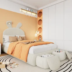 Redom Lit 90x200 cm avec oreilles de lapin et éclairage Led réglable, revêtement velours beige, 2 poufs de rangement Outlet