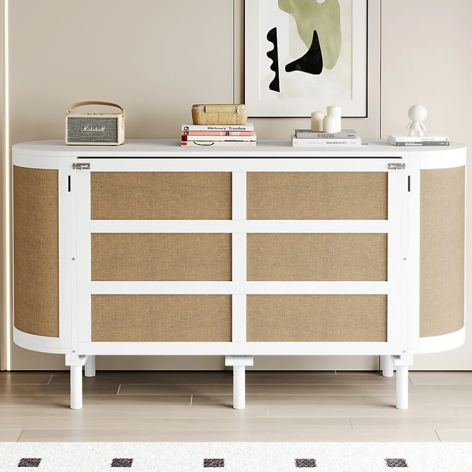 Enfant Redom Lit 140x200 cm avec portes en rotin, design gain de place, rangements latéraux intégrés, finition blanche