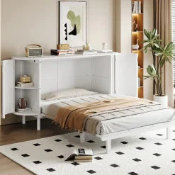 Enfant Redom Lit 140x200 cm avec portes en rotin, design gain de place, rangements latéraux intégrés, finition blanche