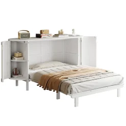 Enfant Redom Lit 140x200 cm avec portes en rotin, design gain de place, rangements latéraux intégrés, finition blanche