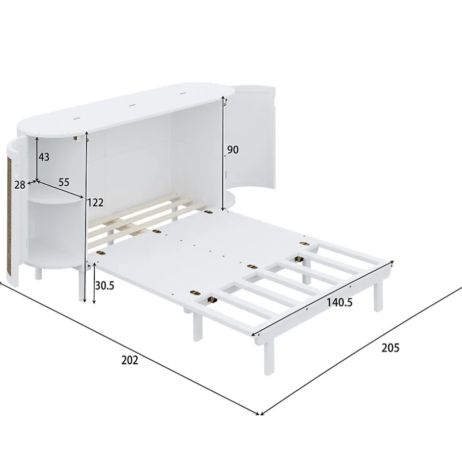 Enfant Redom Lit 140x200 cm avec portes en rotin, design gain de place, rangements latéraux intégrés, finition blanche