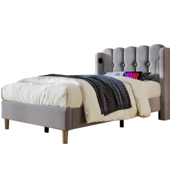 Redom Lit 90x200 cm avec ports USB et Type C tête de lit à panneaux tapissée lin gris cadre rembourré robuste