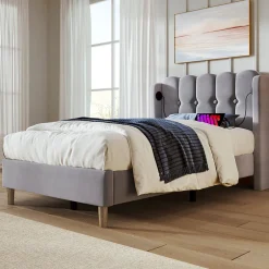 Redom Lit 90x200 cm avec ports USB et Type C tête de lit à panneaux tapissée lin gris cadre rembourré robuste