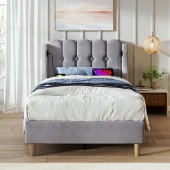 Redom Lit 90x200 cm avec ports USB et Type C tête de lit à panneaux tapissée lin gris cadre rembourré robuste