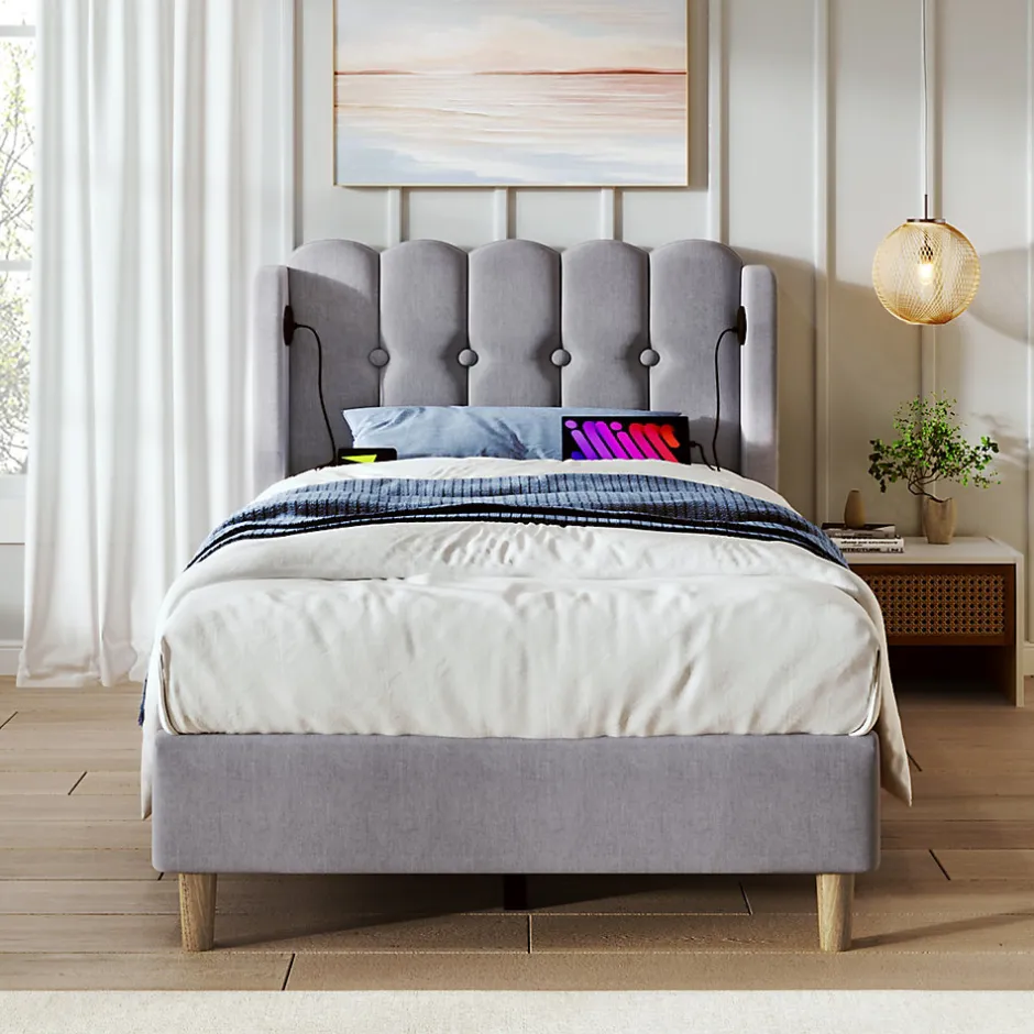 Redom Lit 90x200 cm avec ports USB et Type C tête de lit à panneaux tapissée lin gris cadre rembourré robuste