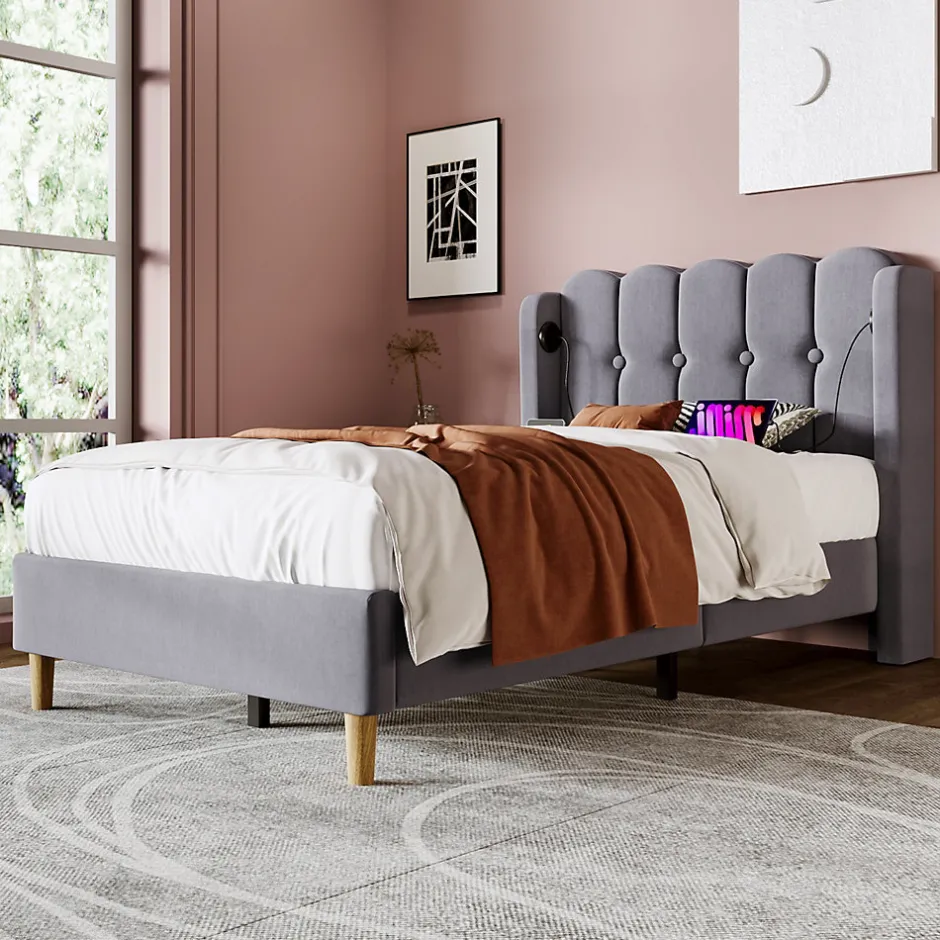 Redom Lit 90x200 cm avec ports USB et Type C tête de lit à panneaux tapissée lin gris cadre rembourré robuste