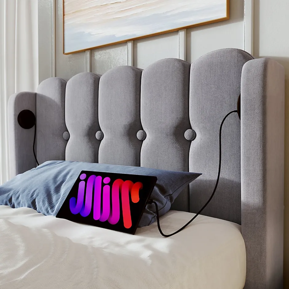 Redom Lit 90x200 cm avec ports USB et Type C tête de lit à panneaux tapissée lin gris cadre rembourré robuste