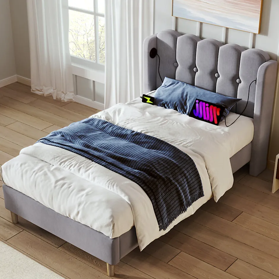 Redom Lit 90x200 cm avec ports USB et Type C tête de lit à panneaux tapissée lin gris cadre rembourré robuste