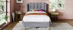 Redom Lit 90x200 cm avec ports USB et Type C tête de lit à panneaux tapissée lin gris cadre rembourré robuste