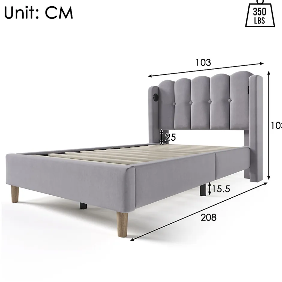 Redom Lit 90x200 cm avec ports USB et Type C tête de lit à panneaux tapissée lin gris cadre rembourré robuste