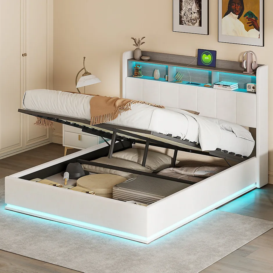 Fortuna lai Lit 140x200 cm, avec quatre tiroirs, éclairage LED réglable, 2 USB et 1 fonction de charge tpcy-c, flanelle, Gris