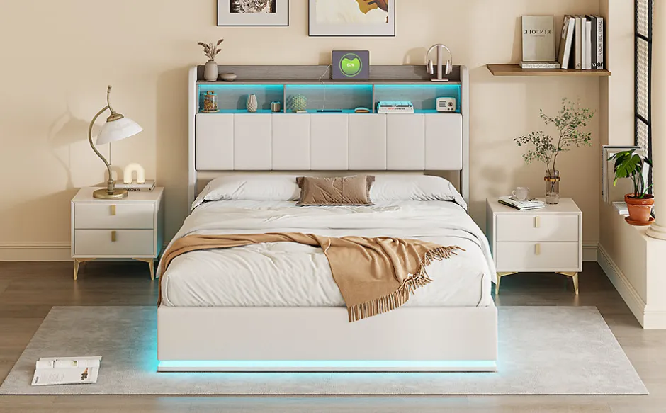 Fortuna lai Lit 140x200 cm, avec quatre tiroirs, éclairage LED réglable, 2 USB et 1 fonction de charge tpcy-c, flanelle, Gris