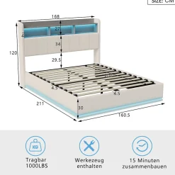 Fortuna lai Lit 160x200 cm, avec quatre tiroirs, éclairage LED réglable, 2 USB et 1 fonction de charge tpcy-c, flanelle, Gris Sale