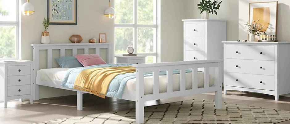 Redom Lit 90x200 cm avec rangement bas et sommier à lattes, cadre pin massif blanc design minimaliste Outlet